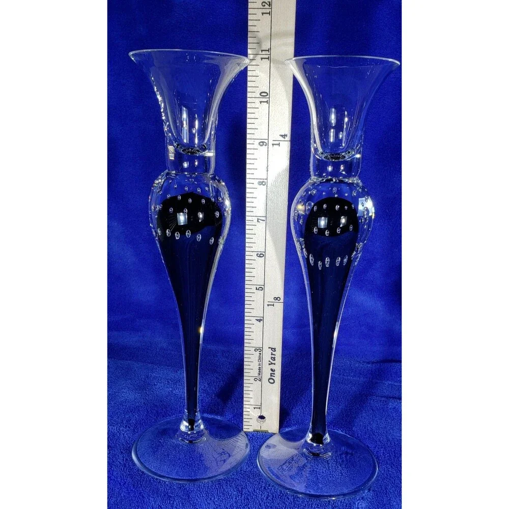 Beautiful Signed Clear Controlled Bubble Glass Trumpet Vase & Candle Holders
